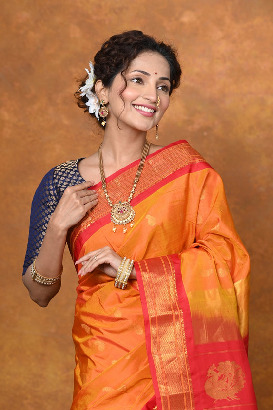 Rajsi ~ Handloom Pure Silk Maharani Paithani With Handcrafted Traditional Maharani Pallu~ Olivia Yellow