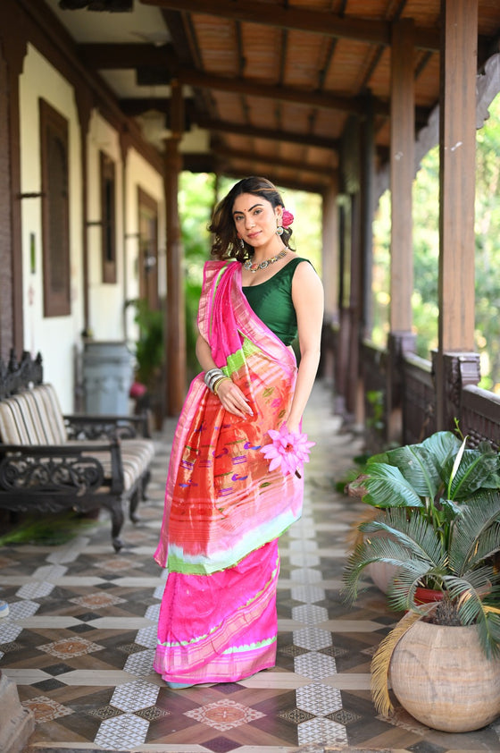 Rang Mahal Exclusive ~ Handloom Pure Silk Bandhani Paithani with Double Pallu in Light Pink (With Silk Mark)