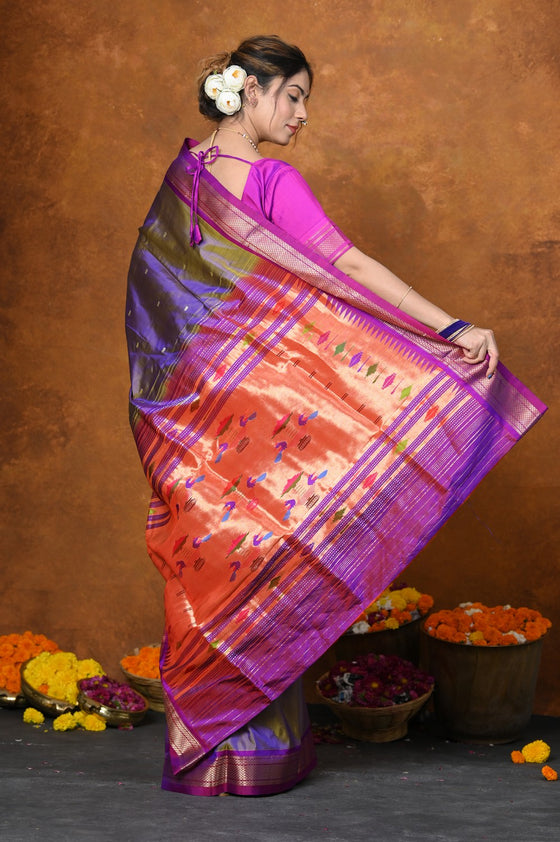 Authentic High Quality Pure Silk Paithani With Most Traditional Double Pallu~ Dual Tone Lavender