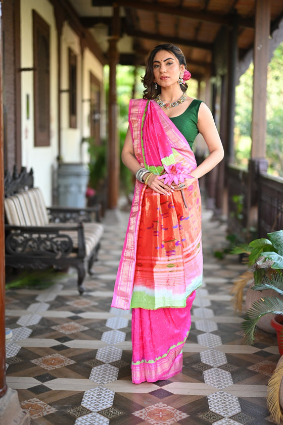 Rang Mahal Exclusive ~ Handloom Pure Silk Bandhani Paithani with Double Pallu in Light Pink (With Silk Mark)