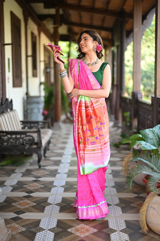 Rang Mahal Exclusive ~ Handloom Pure Silk Bandhani Paithani with Double Pallu in Light Pink (With Silk Mark)