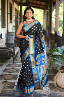  Rang Mahal ~ Handloom Pure Silk Maharani Paithani Saree in Regal Black with Blue (With Silk Mark)