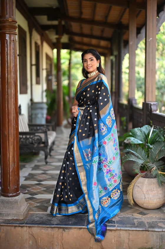 Rang Mahal ~ Handloom Pure Silk Maharani Paithani Saree in Regal Black with Blue (With Silk Mark)
