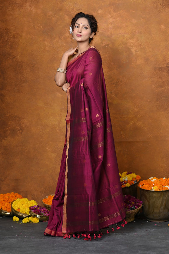 Designed by VMI - High Quality Mul Cotton Handloom Woven with Sleek Border and Flower Buttis~Magenta Pink