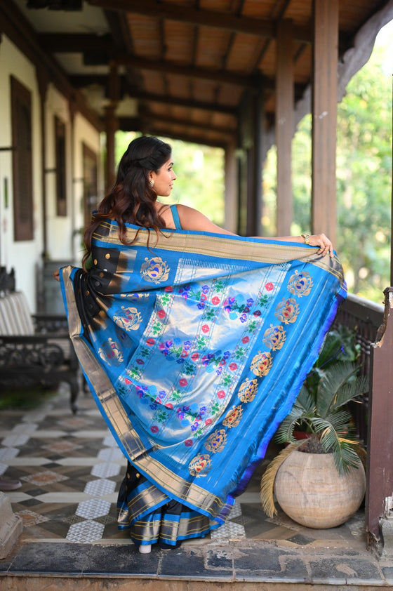 Rang Mahal ~ Handloom Pure Silk Maharani Paithani Saree in Regal Black with Blue (With Silk Mark)