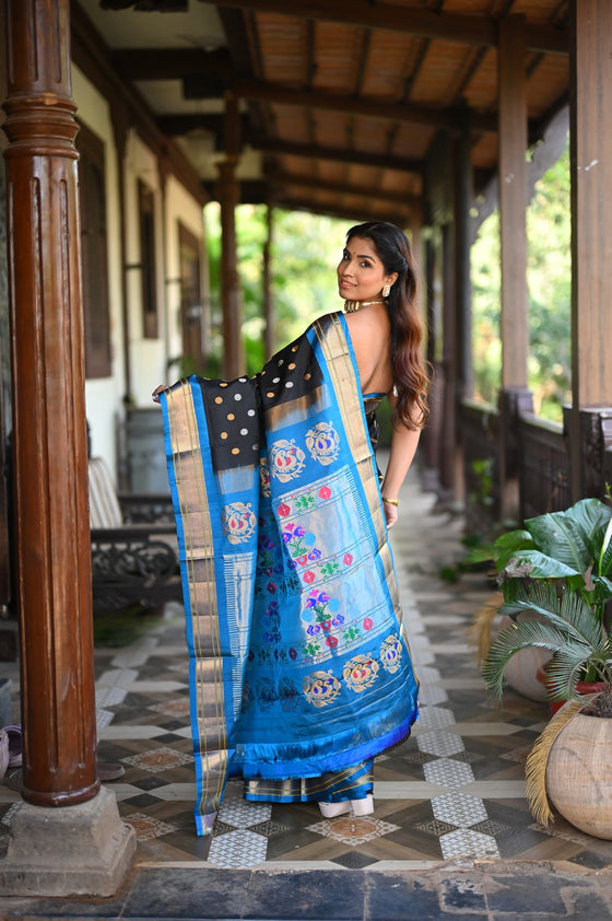 Rang Mahal ~ Handloom Pure Silk Maharani Paithani Saree in Regal Black with Blue (With Silk Mark)