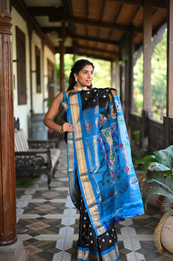 Rang Mahal ~ Handloom Pure Silk Maharani Paithani Saree in Regal Black with Blue (With Silk Mark)