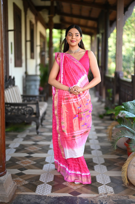 Rang Mahal Exclusive ~ Handloom Pure Silk Bandhani Paithani with Double Pallu in Pink  (With Silk Mark)