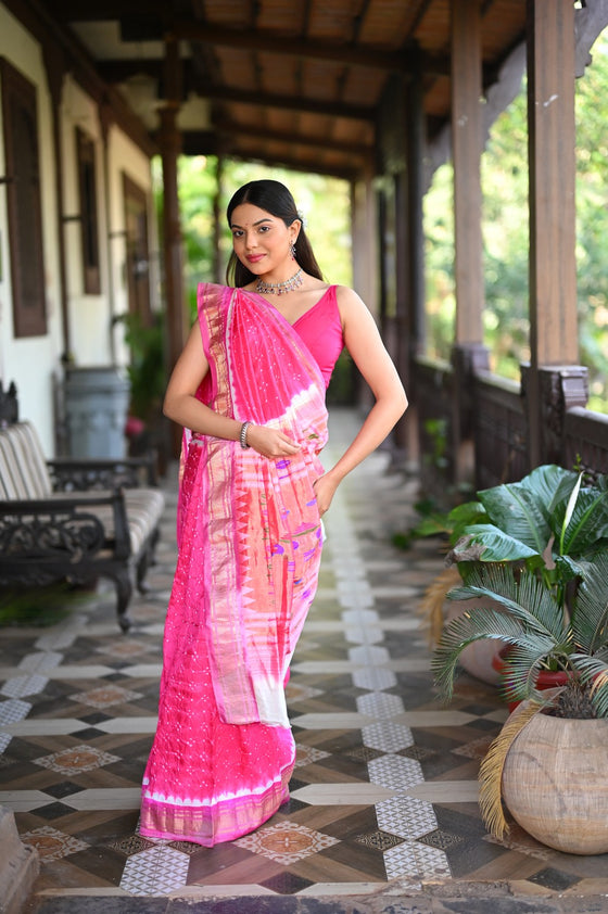 Rang Mahal Exclusive ~ Handloom Pure Silk Bandhani Paithani with Double Pallu in Pink  (With Silk Mark)