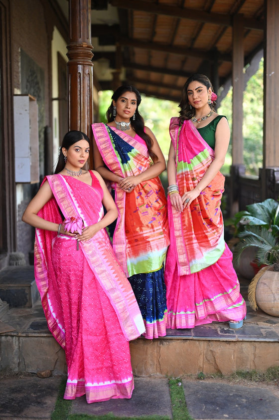 Rang Mahal Exclusive ~ Handloom Pure Silk Bandhani Paithani with Double Pallu in Pink  (With Silk Mark)