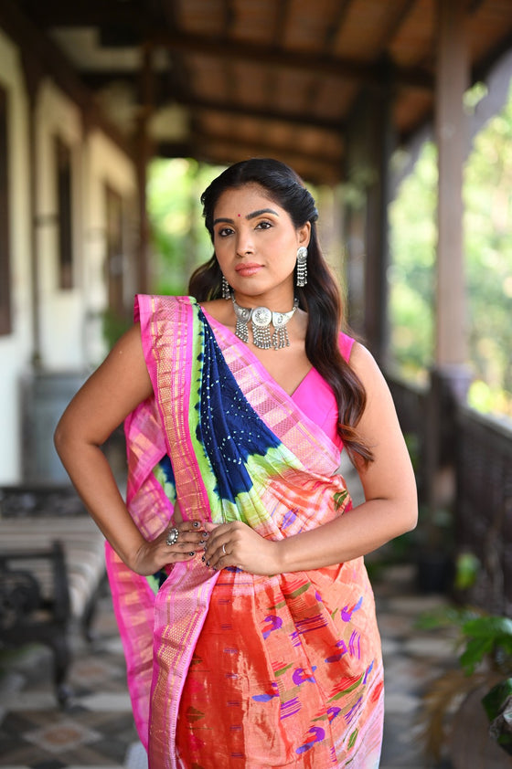 Rang Mahal Exclusive ~ Handloom Pure Silk Bandhani Paithani with Double Pallu in Royal Blue with Pink (With Silk Mark)