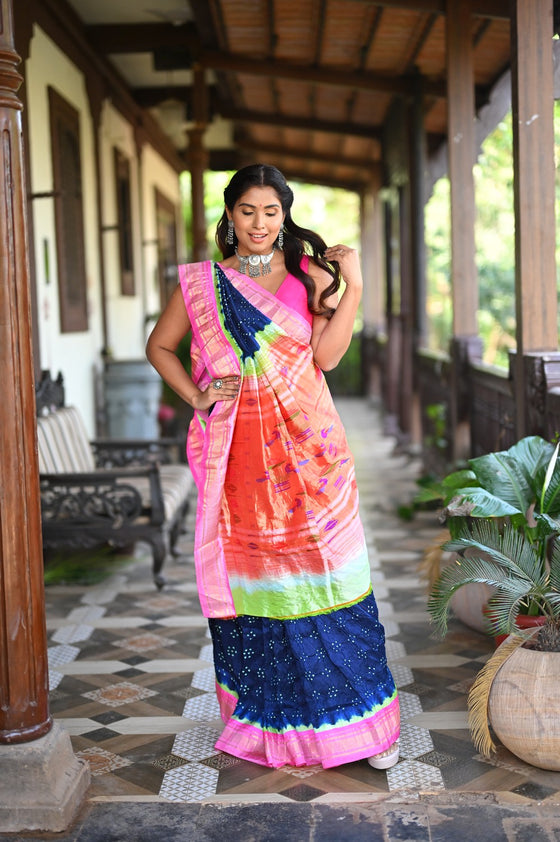 Rang Mahal Exclusive ~ Handloom Pure Silk Bandhani Paithani with Double Pallu in Royal Blue with Pink (With Silk Mark)