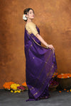 Designed by VMI - High Quality Mul Cotton Handloom Woven with Sleek Border and Flower Buttis~ Violet