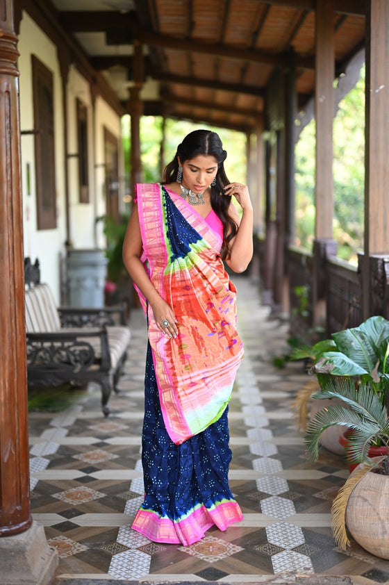 Rang Mahal Exclusive ~ Handloom Pure Silk Bandhani Paithani with Double Pallu in Royal Blue with Pink (With Silk Mark)