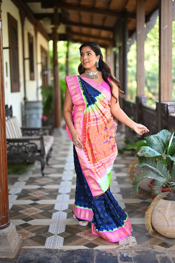 Rang Mahal Exclusive ~ Handloom Pure Silk Bandhani Paithani with Double Pallu in Royal Blue with Pink (With Silk Mark)