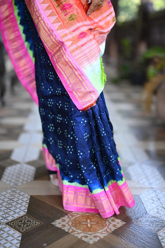 Rang Mahal Exclusive ~ Handloom Pure Silk Bandhani Paithani with Double Pallu in Royal Blue with Pink (With Silk Mark)