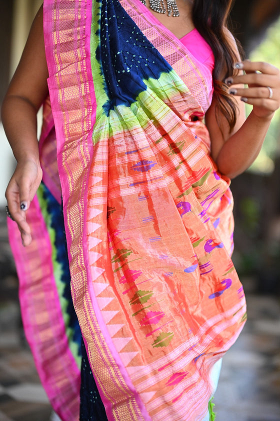 Rang Mahal Exclusive ~ Handloom Pure Silk Bandhani Paithani with Double Pallu in Royal Blue with Pink (With Silk Mark)