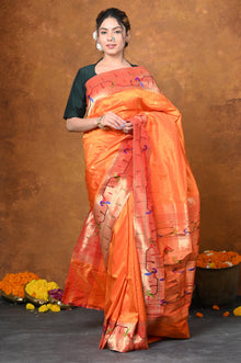  Premium! Handloom Pure Silk Parrot Peacock Muniya Border Saree WIth Handcrafted Peacock Pallu in Golden Orange