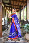 Rang Mahal Exclusive ~ Handloom Pure Silk Muniya Border Half All Over Paithani with Rose Vines in Royal Blue (With Silk Mark)