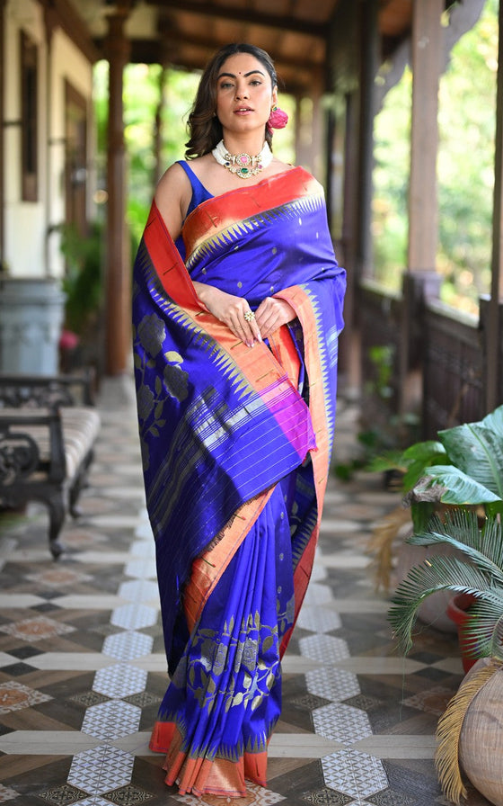 Rang Mahal Exclusive ~ Handloom Pure Silk Muniya Border Half All Over Paithani with Rose Vines in Royal Blue (With Silk Mark)