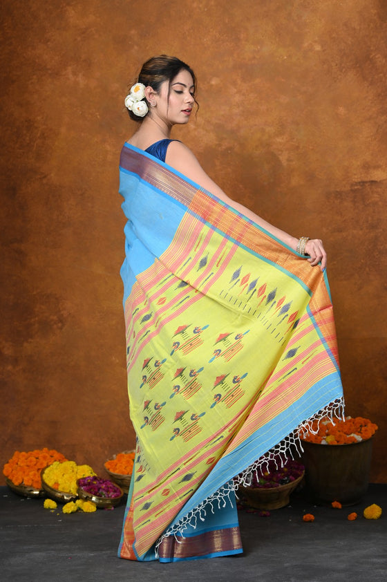 Jijamata Border Pure Cotton Paithani Saree With Traditional Double Pallu ~ Serene Blue
