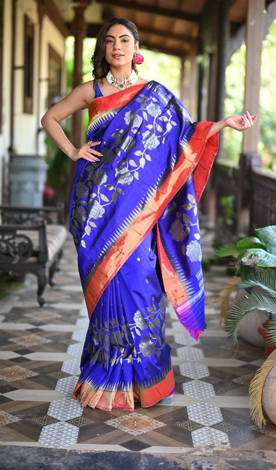 Rang Mahal Exclusive ~ Handloom Pure Silk Muniya Border Half All Over Paithani with Rose Vines in Royal Blue (With Silk Mark)