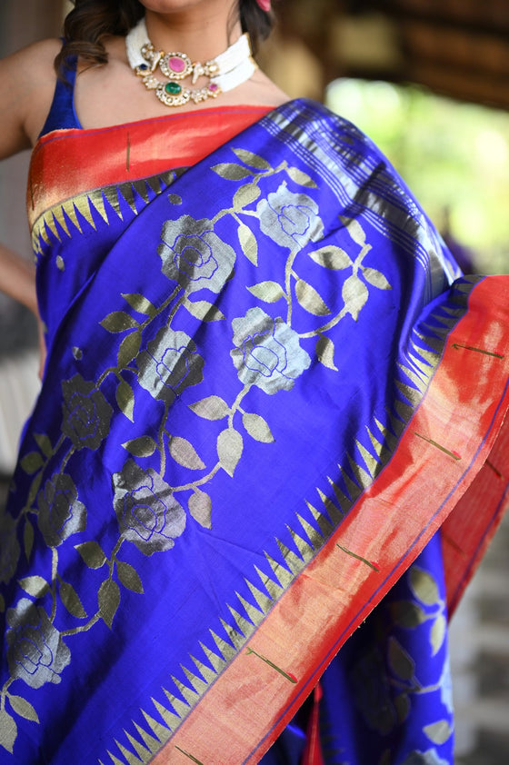 Rang Mahal Exclusive ~ Handloom Pure Silk Muniya Border Half All Over Paithani with Rose Vines in Royal Blue (With Silk Mark)