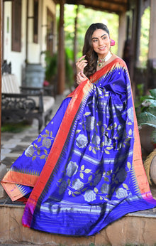  Rang Mahal Exclusive ~ Handloom Pure Silk Muniya Border Half All Over Paithani with Rose Vines in Royal Blue (With Silk Mark)