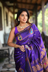 Rang Mahal ~ Gadwal Pure Silk Handloom Saree in Purple with Mango Motifs Border and Meena Work (With Silk Mark)
