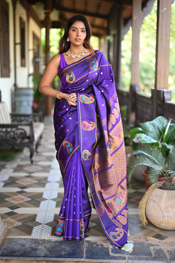 Rang Mahal ~ Gadwal Pure Silk Handloom Saree in Purple with Mango Motifs Border and Meena Work (With Silk Mark)
