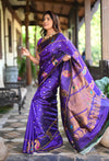 Rang Mahal ~ Gadwal Pure Silk Handloom Saree in Purple with Mango Motifs Border and Meena Work (With Silk Mark)