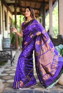  Rang Mahal ~ Gadwal Pure Silk Handloom Saree in Purple with Mango Motifs Border and Meena Work (With Silk Mark)