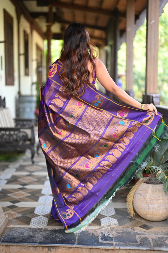 Rang Mahal ~ Gadwal Pure Silk Handloom Saree in Purple with Mango Motifs Border and Meena Work (With Silk Mark)