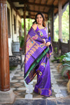 Rang Mahal ~ Gadwal Pure Silk Handloom Saree in Purple with Mango Motifs Border and Meena Work (With Silk Mark)