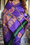 Rang Mahal ~ Gadwal Pure Silk Handloom Saree in Purple with Mango Motifs Border and Meena Work (With Silk Mark)