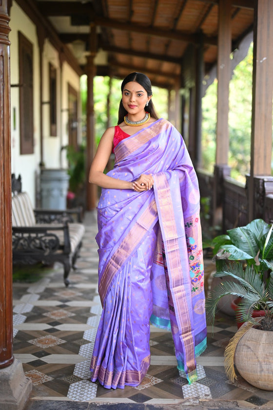 Rang Mahal ~ Handloom Pure Silk Kalanjali Maharani Paithani in Lavender Shade (With Silk Mark)