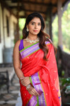 Rang Mahal ~ Handloom Pure Silk Paithani in Double Pallu in Red with Green Border (With Silk Mark)