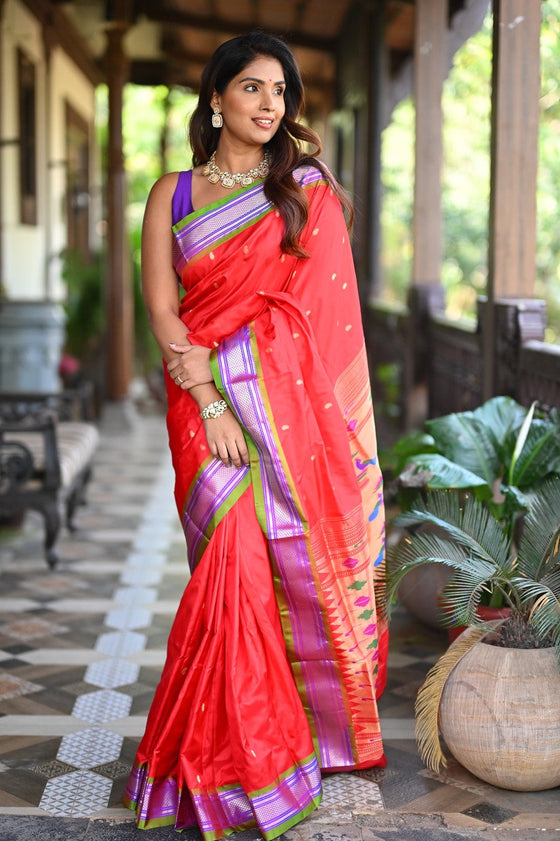Rang Mahal ~ Handloom Pure Silk Paithani in Double Pallu in Red with Green Border (With Silk Mark)