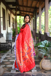 Rang Mahal ~ Handloom Pure Silk Paithani in Double Pallu in Red with Green Border (With Silk Mark)