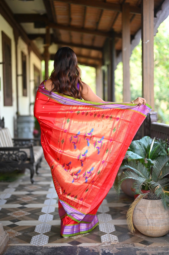 Rang Mahal ~ Handloom Pure Silk Paithani in Double Pallu in Red with Green Border (With Silk Mark)