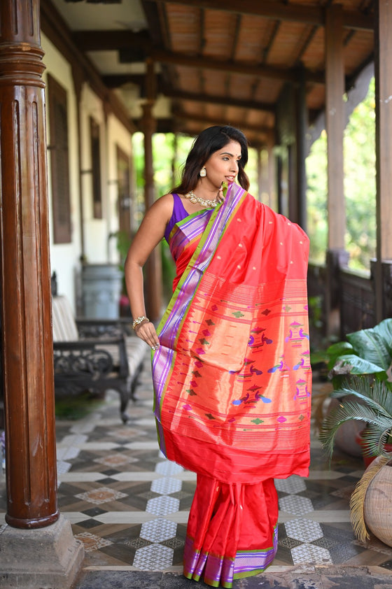 Rang Mahal ~ Handloom Pure Silk Paithani in Double Pallu in Red with Green Border (With Silk Mark)