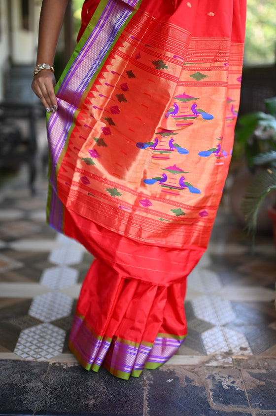 Rang Mahal ~ Handloom Pure Silk Paithani in Double Pallu in Red with Green Border (With Silk Mark)