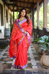 Rang Mahal ~ Handloom Pure Silk Paithani in Double Pallu in Red with Green Border (With Silk Mark)