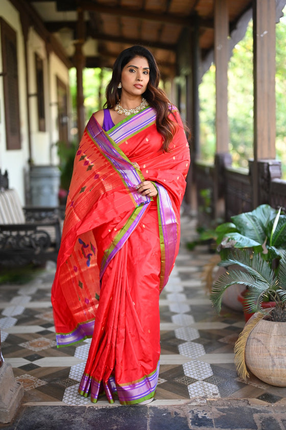 Rang Mahal ~ Handloom Pure Silk Paithani in Double Pallu in Red with Green Border (With Silk Mark)