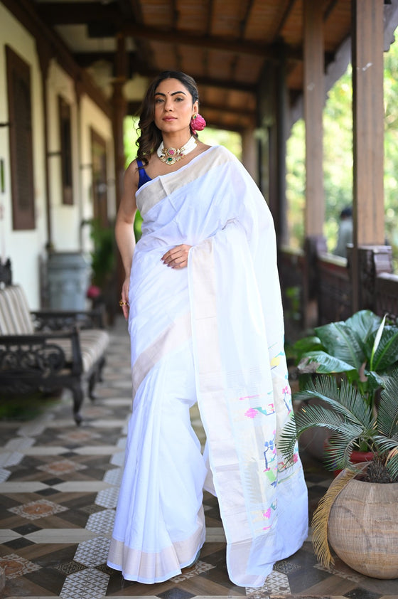 Rang Mahal ~ Handloom Pure Cotton Paithani in Fresh White with Oldest  Asawali Pallu