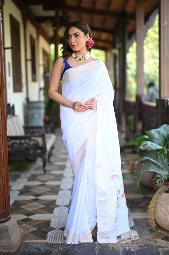 Rang Mahal ~ Handloom Pure Cotton Paithani in Fresh White with Oldest  Asawali Pallu