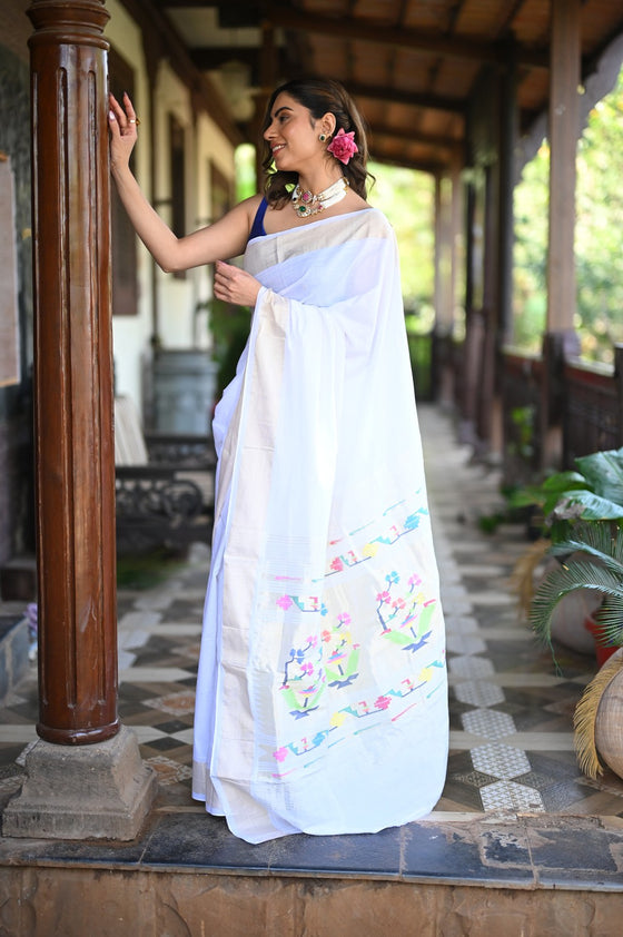 Rang Mahal ~ Handloom Pure Cotton Paithani in Fresh White with Oldest  Asawali Pallu