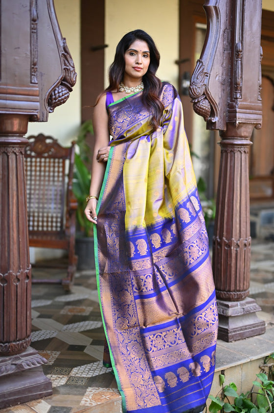 Rang Mahal ~ Gadwal Pure Silk Handloom Saree in Dual Tone Gold Blue (With Silk Mark)