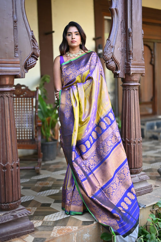 Rang Mahal ~ Gadwal Pure Silk Handloom Saree in Dual Tone Gold Blue (With Silk Mark)