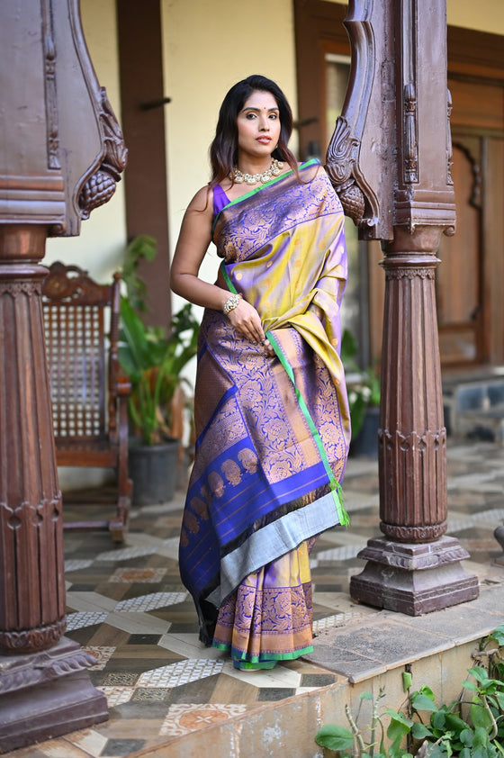 Rang Mahal ~ Gadwal Pure Silk Handloom Saree in Dual Tone Gold Blue (With Silk Mark)